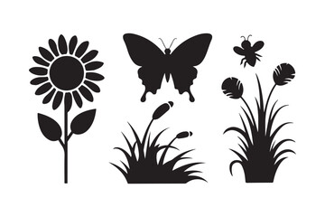 Black silhouette designs of flowers and butterflies for crafting and decoration