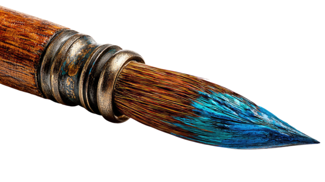Close-up of a paintbrush tip, wooden handle,  metallic ferrule, vibrant blue paint
