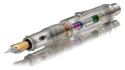 Transparent fountain pen with intricate internal mechanisms