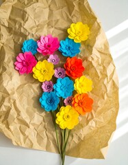 A vibrant bouquet of paper flowers in various colors sits atop crumpled kraft paper.