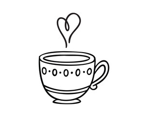 Cup of tea with heart steam line art outline, monochrome hand drawn.