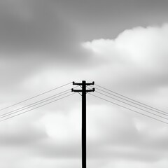 Vintage Wooden Utility Pole with Power Lines in Black and White