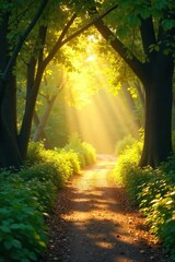 Sunlit Path to Serenity Golden Light Streams Through Leaves Illuminating a Peaceful Scene, Perfect for Meditation and Inner Peace Concepts