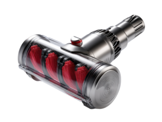 Close-up of a metallic vacuum cleaner attachment with red bristles. 