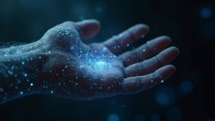 Fototapeta premium Hand holding glowing particles in dark, concept of magic, technology, future