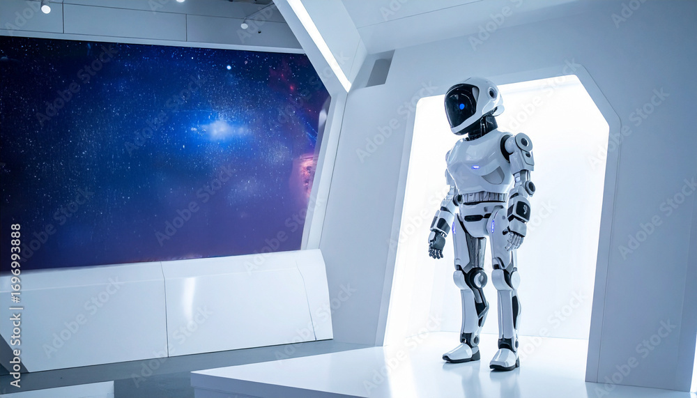 Poster a futuristic robot standing in a sleek, modern space station, gazing at the cosmos through a panoram