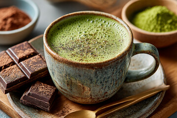 Matcha Moment. A cozy matcha latte surrounded by chocolate