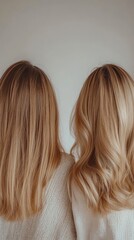 Fototapeta premium Two women with long blonde hair are standing next to each other