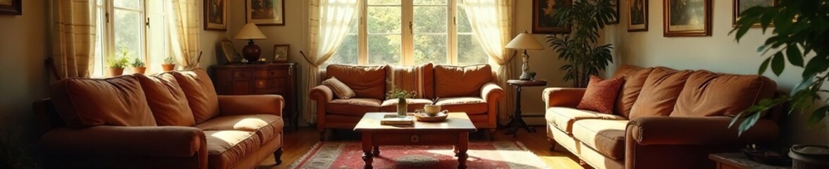Cozy older home interior, sunlit living room with vintage furniture, warm atmosphere, inviting space for relaxation , home sweet home, shabby chic
