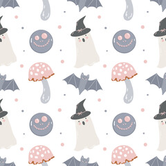 Halloween ghost pattern. Seamless autumn pattern with hand drawn cute ghosts on white background. Funny ghosts, bats, fly agarics, mushrooms, witchs cauldron and hat. Cute childish background. Pastel
