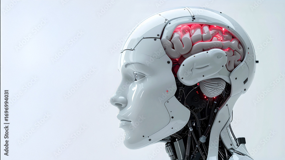 Poster a close-up side profile of a robotic humanoid head, with a glowing brain on display. its smooth, ref