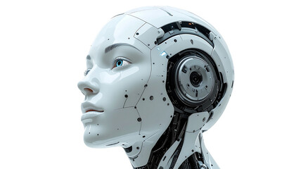 A futuristic, female android's face with robotic features and a sense of human expression. The head is made of metallic parts, which emphasizes the advanced artificial intelligence