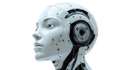 A futuristic, female android's face with robotic features and a sense of human expression. The head is made of metallic parts, which emphasizes the advanced artificial intelligence
