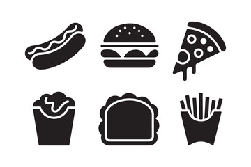 Collection of six classic fast food icons in black silhouette