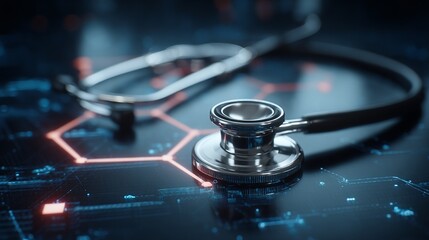 Professional stethoscope symbolizing modern healthcare technology and innovation in a digital network background, perfect for medical advancements and research