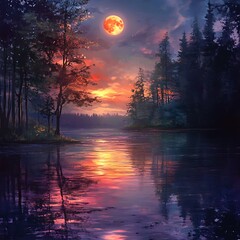 Magical night lake reflecting vivid forest colors high resolution picture