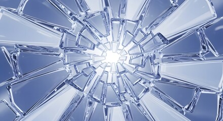 Abstract radial pattern of shattered glass shards converging inwards