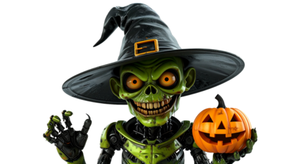 A spooky figure in a hat holding a carved pumpkin, set for Halloween. The image is set against a clean background and highlights the festive atmosphere