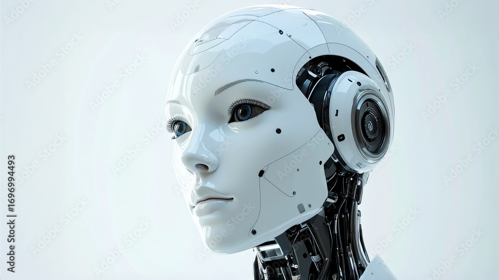 Poster an advanced humanoid robot with a sleek, futuristic design, staring into the future. its face is cra