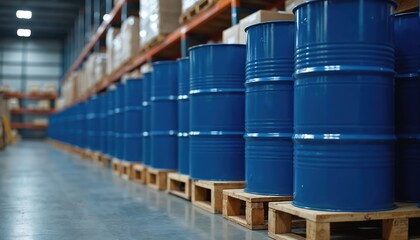 Blue metal barrels stacked on wooden pallets inside large warehouse. Containers hold industrial liquids like chemicals, oil, fuel. Scene represents manufacturing, storage, logistics operations within