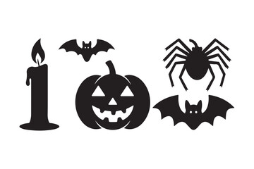 Spooky halloween icons candle jack o lantern bats and spider