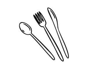 Cutlery spoon fork and knife line art outline, monochrome hand drawn.