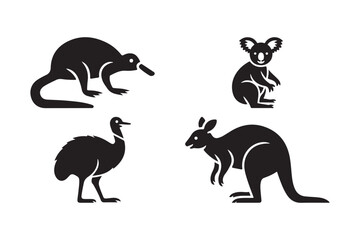 Four iconic australian animals silhouettes on white background