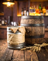 A rustic wooden table setting featuring a vintage beer keg and a large wooden barrel, suggesting a traditional pub or tavern atmosphere.