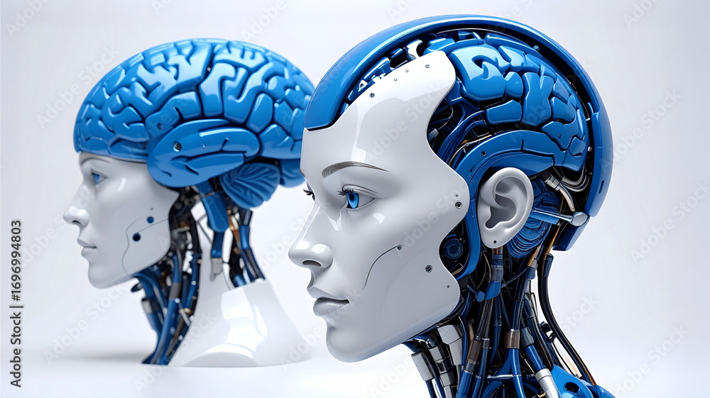Poster two ai models of human brain and a robotic face. it’s a fascinating exploration of artificial intell