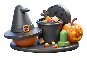 Halloween 3d render witch hat pumpkin tombstone candy cauldron spooky season october celebration on transparent background