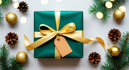 Wrapped Christmas gift with a gold bow rests on table, surrounded by festive ornaments and lights.