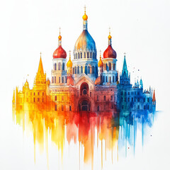 Fototapeta premium Colorful watercolor illustration of an ornate historical building with domes and spires, showcasing vibrant hues and artistic flair in a dreamy landscape