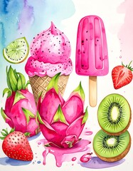 Vibrant watercolor illustration of refreshing pink ice cream, popsicles, and exotic fruit, with drips and splashes, evokes a summery mood.