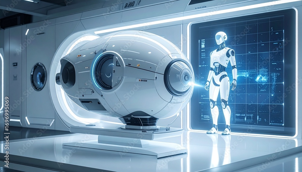 Poster futuristic scene with a high-tech capsule and robot, suggesting advancements in technology and explo