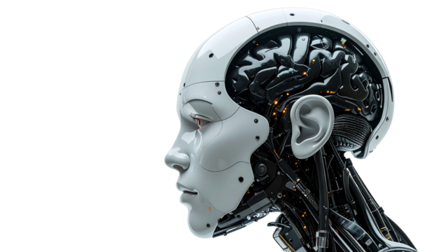 A futuristic robot with a human-like face, exposing its complex internal mechanisms