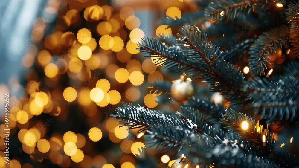 Aufkleber A Christmas tree with a golden ornament hanging from it. The tree is lit up with lights, creating a warm and festive atmosphere