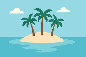 Cartoon illustration of a tropical island with three palm trees in the ocean under a blue sky with clouds, depicting a serene summer getaway.