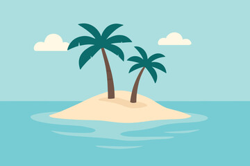 An illustration of a small island with two palm trees, clouds, and water, depicting a tropical scene.