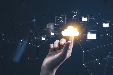 Cloud Connection: A person's hand, illuminated, reaches towards a radiant cloud, symbolizing the boundless reach and transformative power of cloud computing.