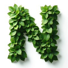 Fototapeta premium Photorealistic letter N formed by rich green leaves. This isolated alphabet symbol showcases nature design on a white background. Ideal for spring, eco-friendly, or natural themes.