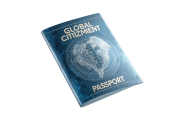 A digitally rendered, dark-blue passport.  The word "GLOBAL CITIZIENT" is prominently displayed, above a stylized world map graphic, on a dark-blue cover.