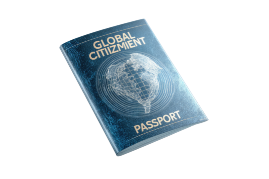A digitally rendered, dark-blue passport.  The word "GLOBAL CITIZIENT" is prominently displayed, above a stylized world map graphic, on a dark-blue cover.
