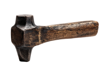 Aged, hand-forged hammer, angled view.  Dark, oxidized metal head, connected to a light brown wooden handle.  Distinctive, textured surfaces on both