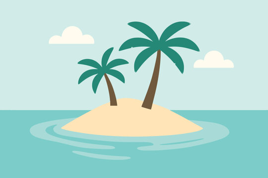 A small, sandy island in a calm ocean, with two palm trees, and light clouds in the sky.