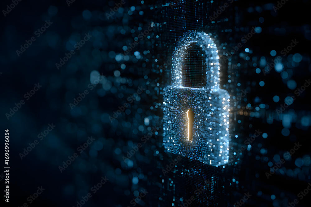 Aufkleber cyber security concept and digital data protection wth a locker in a blue backround created with a g