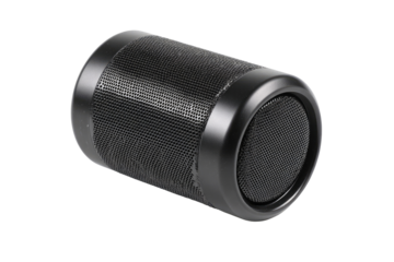 Compact, cylindrical, black portable speaker.  Features a textured, perforated exterior and a visible speaker grill.  Solid, simple design