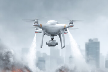 hightech drone equipped with powerful water cannon is battling fire in skyscraper