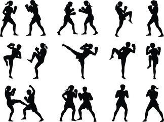Silhouette female fighters practicing kickboxing, boxing, martial arts techniques, punching, kicking, sparring, self defense moves, workout training action vector illustration design