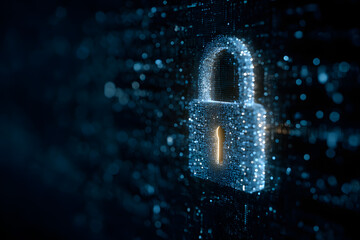 Cyber security concept and digital data protection wth a locker in a blue backround created with a genertive ai technology