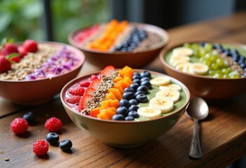 Colorful Vibrant Smoothie Bowls Topped with Fresh Fruits Delicious Healthy Breakfast